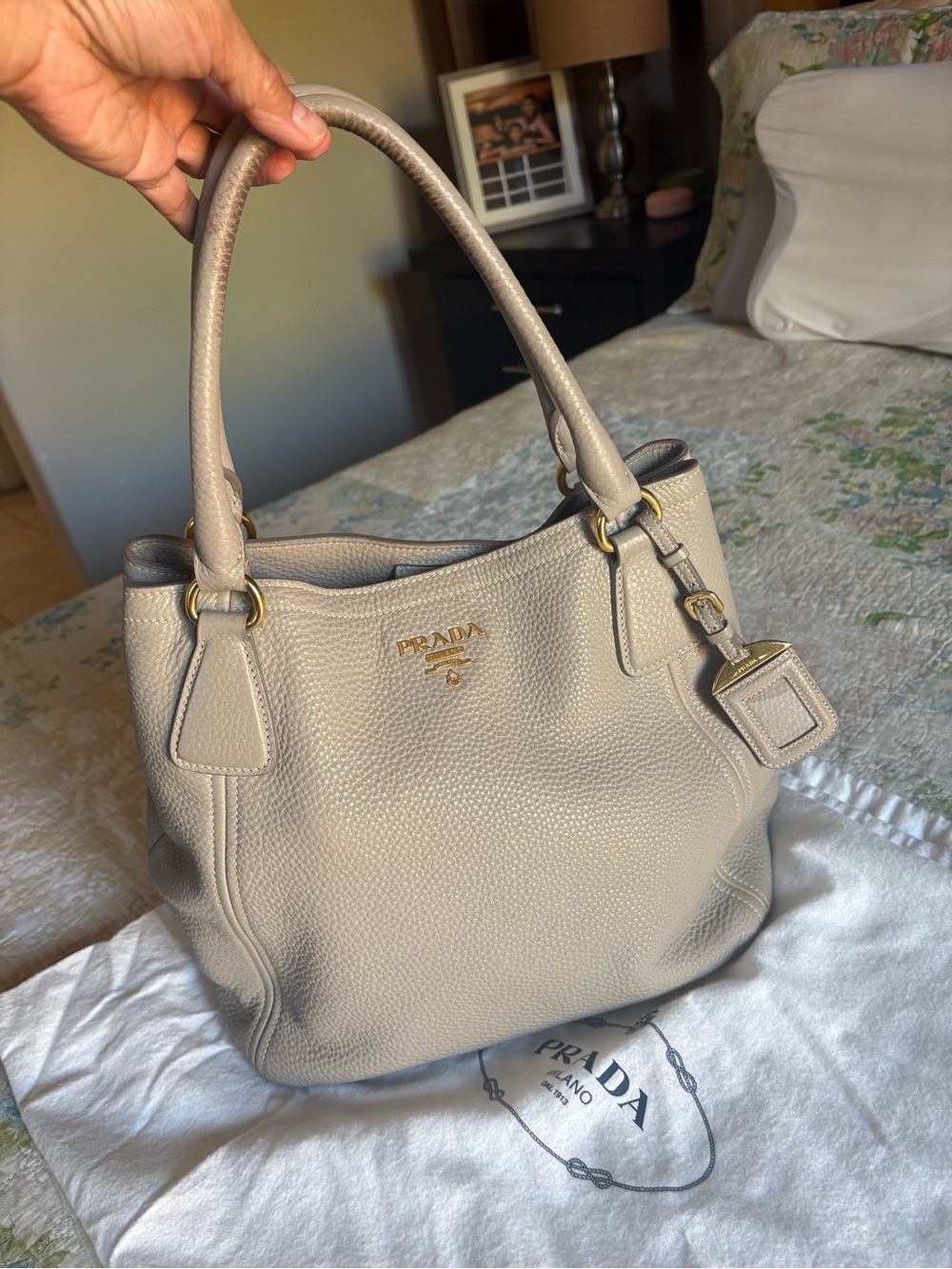 Prada Taupe Pebbled Leather Shoulder Bag with Gold Hardware.